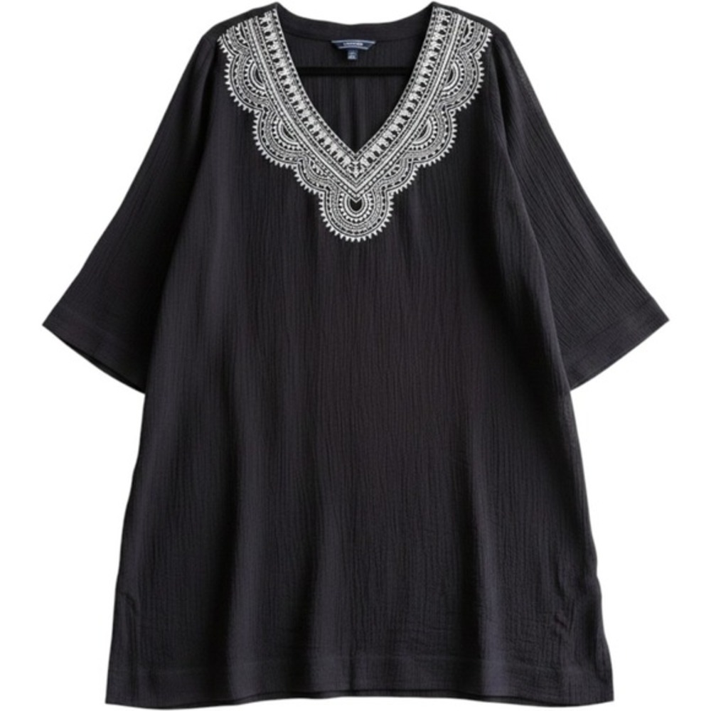 Lands End Womens XL 18 Black Cotton Gauze Embroidered V-Neck Swim Cover Up Tunic